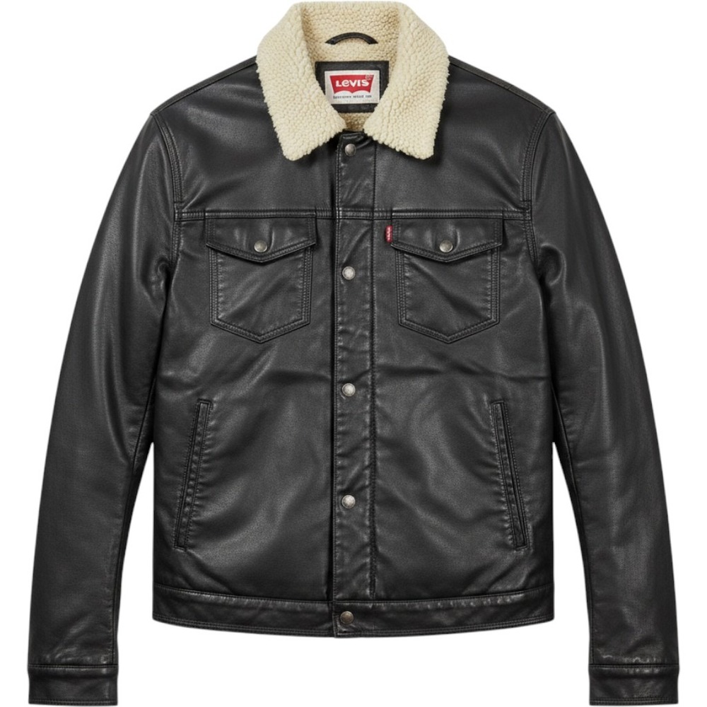Levis Mens Faux Leather Sherpa Lined Trucker Jacket Brown sz M Biker Workwear
